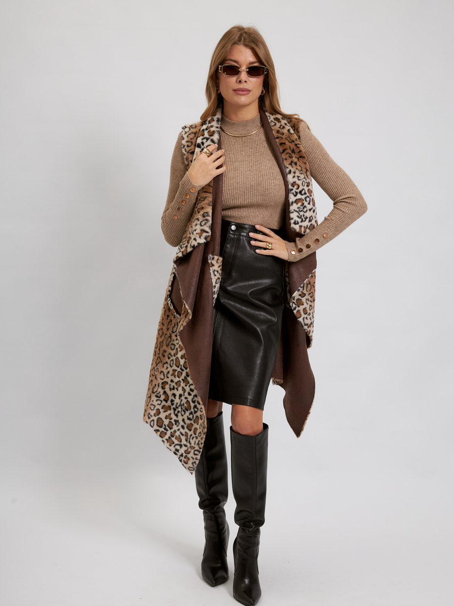 Удлиненный жилет шоколадный Леопард двухсторонний авторская одежда