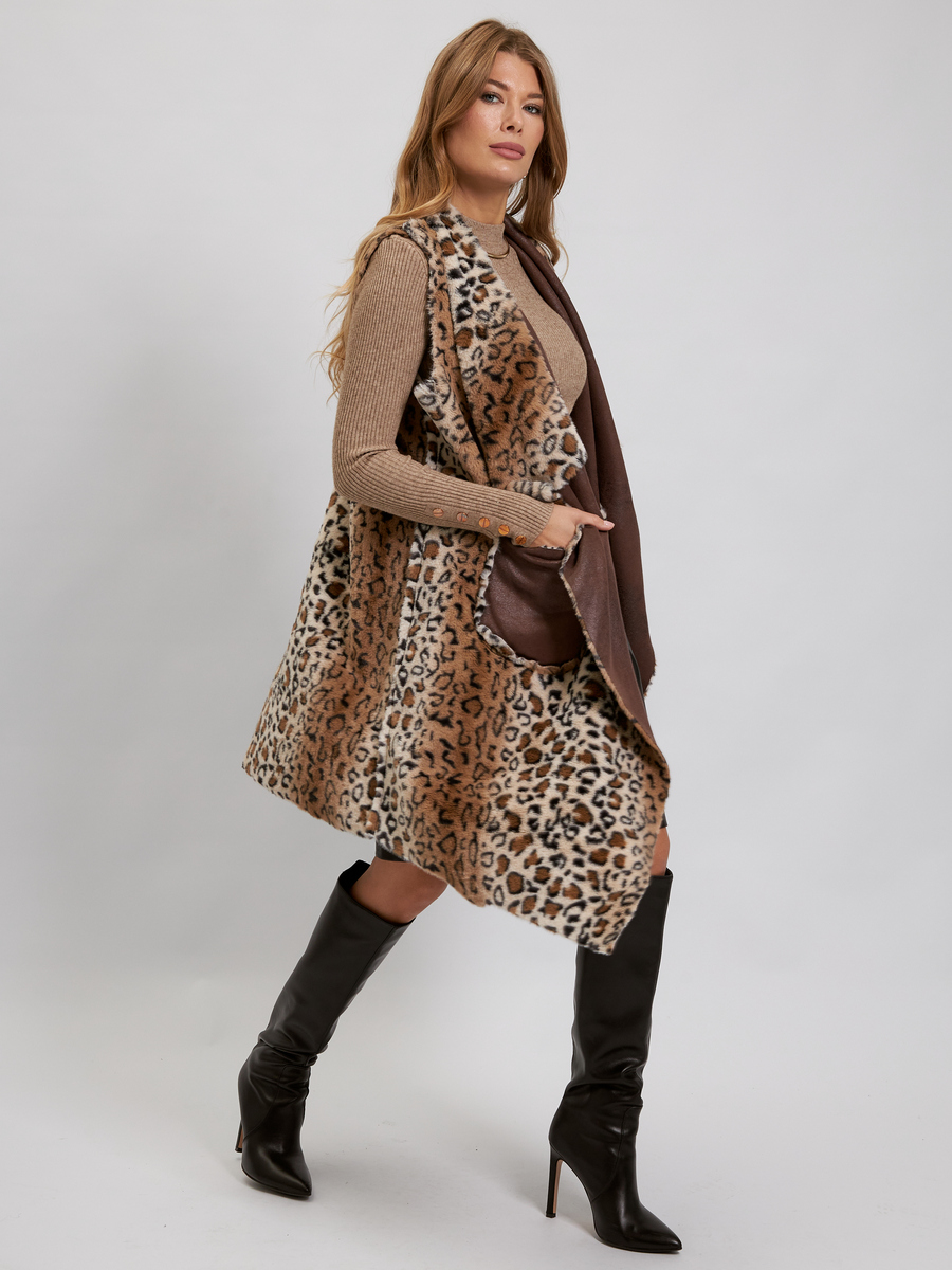 Удлиненный жилет шоколадный Леопард двухсторонний авторская одежда