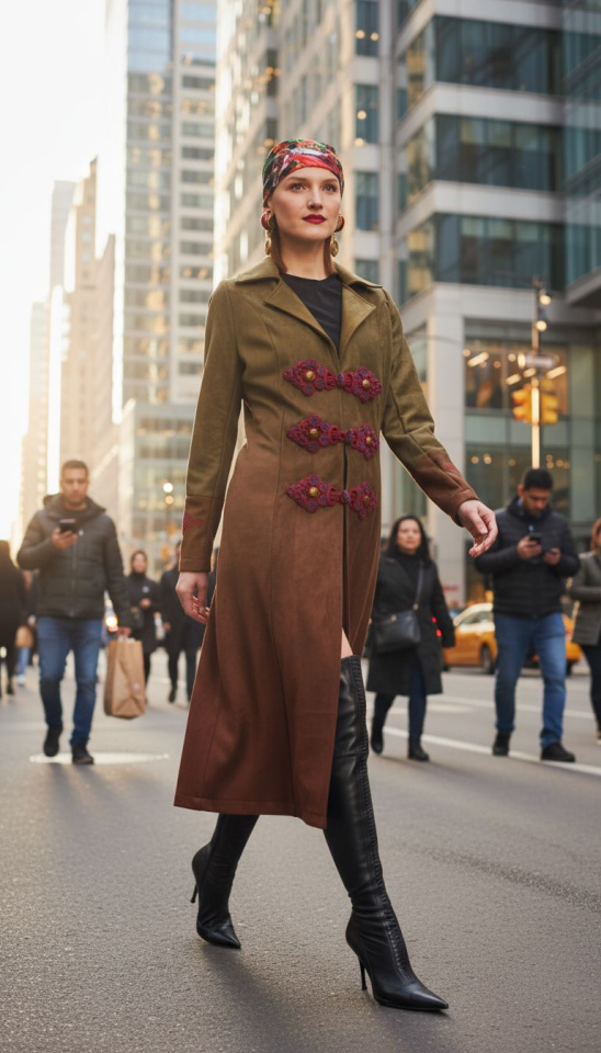 Плащ милитари Русские узоры бордо брендовая одежда