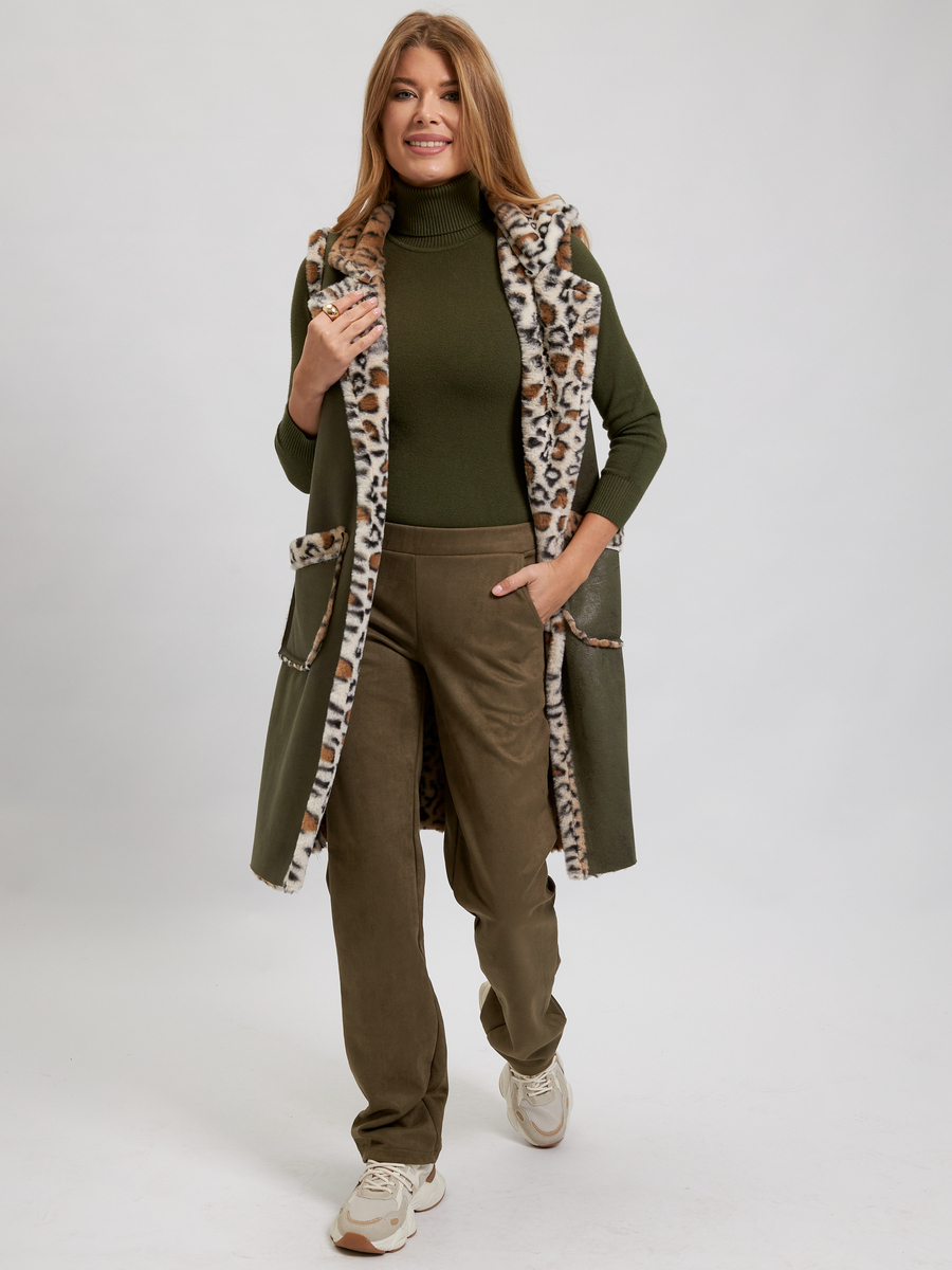 Удлиненный жилет Леопард зеленый со светлым мехом авторская одежда