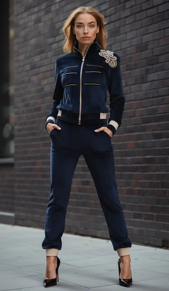 Велюровый костюм Милитари Гламур синий брендовая одежда