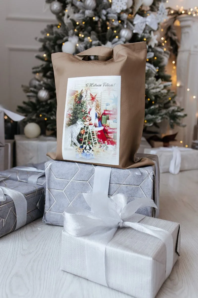 Шопер новогодний бежевый авторская одежда