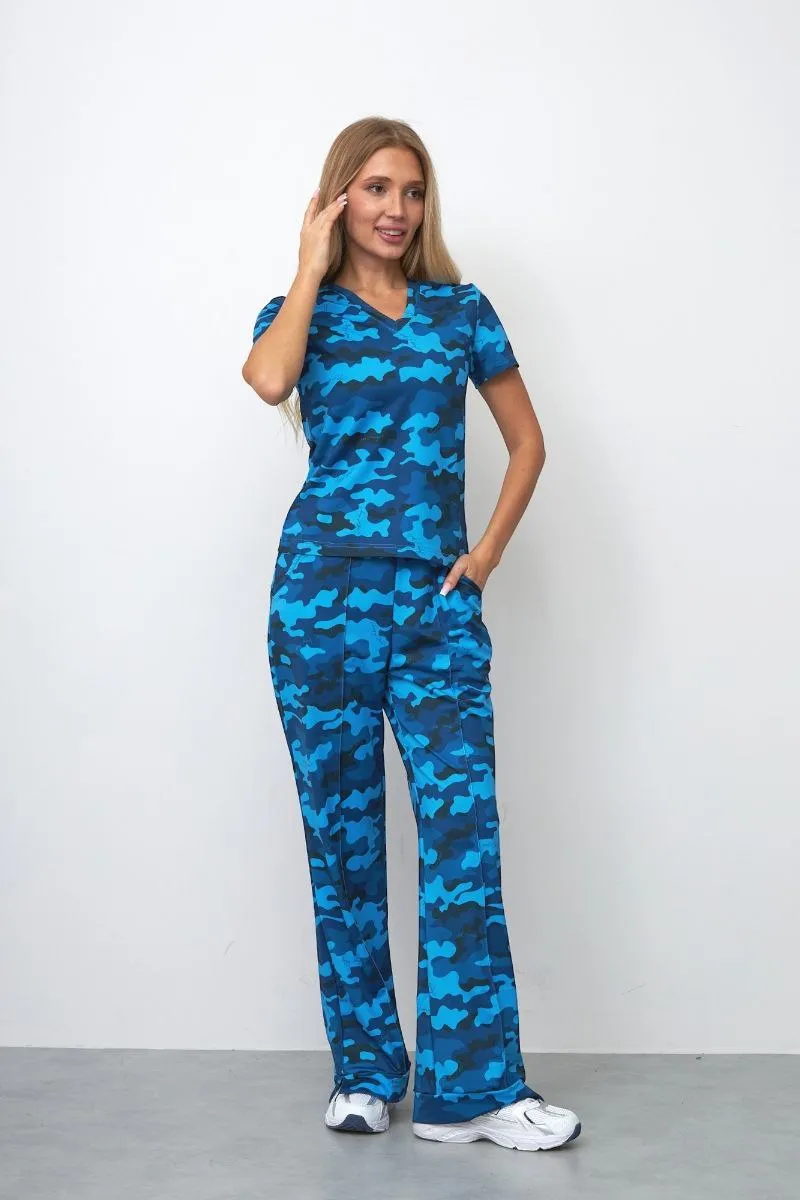 Футболка синий камуфляж с V образным вырезом авторская одежда