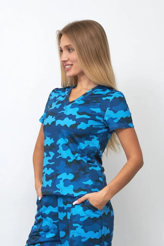 Футболка синий камуфляж с V образным вырезом брендовая одежда