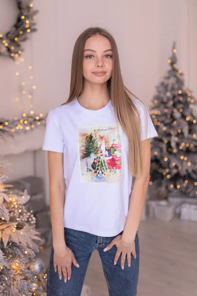 Футболка Новогодняя ретро открытка 1 белая брендовая одежда