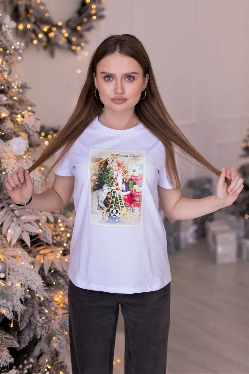 Футболка Новогодняя ретро открытка 1 белая авторская одежда