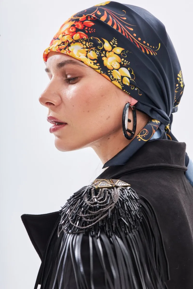 Женский платок Русские узоры черный 2 авторская одежда