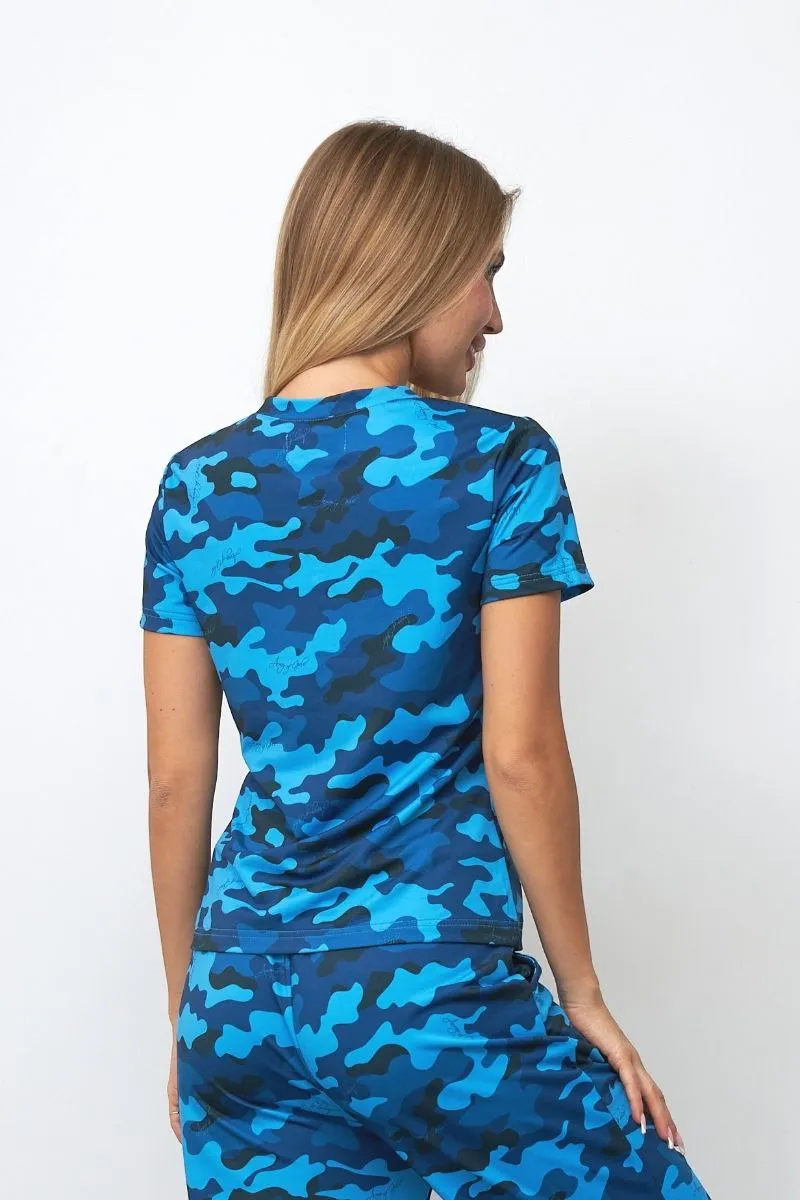 Футболка синий камуфляж с V образным вырезом авторская одежда