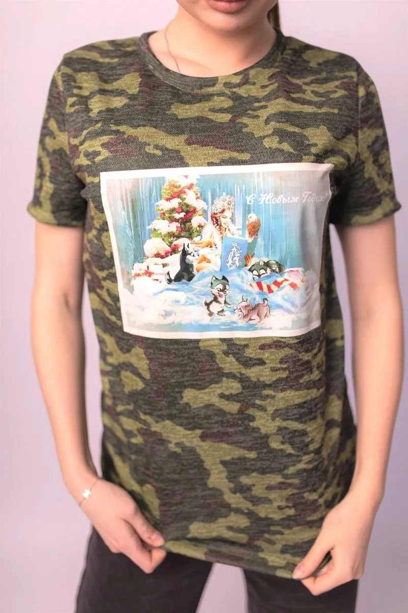 Футболка Новогодняя ретро открытка 2 милитари авторская одежда