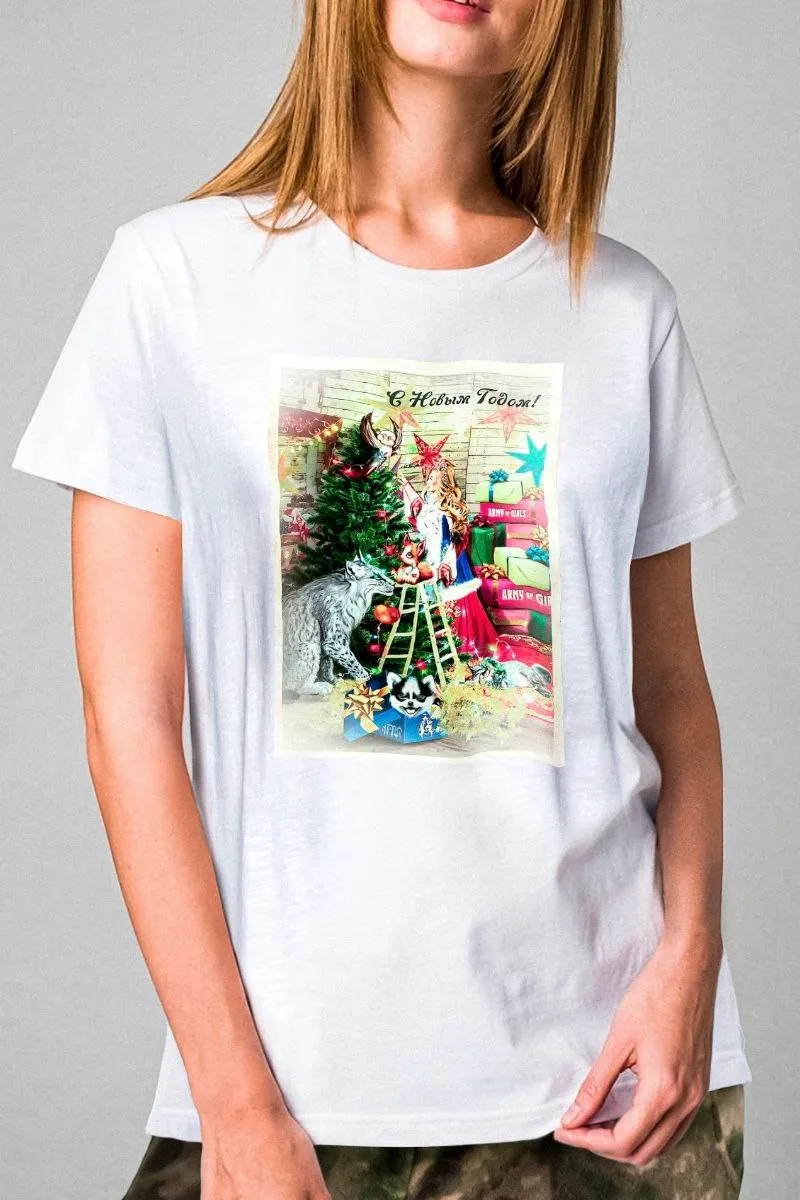 Футболка Новогодняя ретро открытка 1 белая авторская одежда