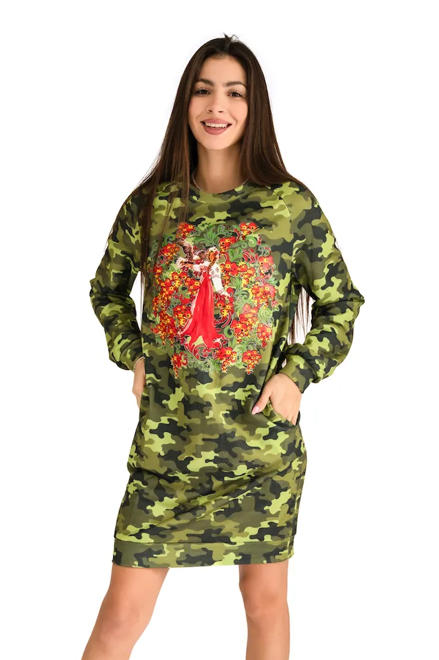 Платье милитари Орлица Русские узоры от бренда Army of Girls Платье милитари Орлица Русские узоры авторская одежда